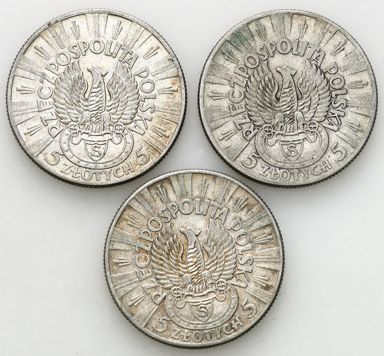 II RP. 5 złotych 1934 Piłsudski strzelecki, zestaw 3 monet